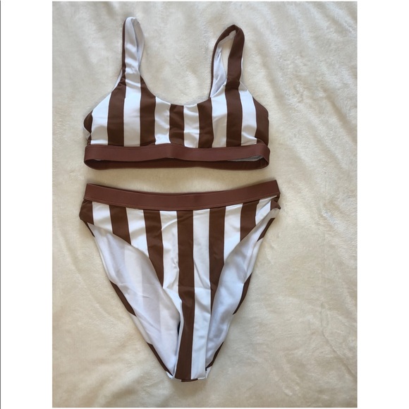SOLD New! Brown striped high wasted bikini - Picture 2 of 6